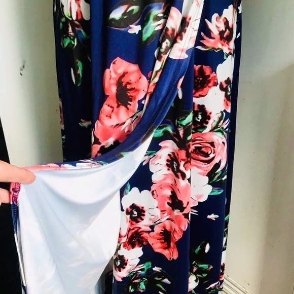 Boho Navy Blue Floral Maxi Dress Surplice Chest Faux Wrap Spaghetti Strap NWT S - Picture 8 of 12